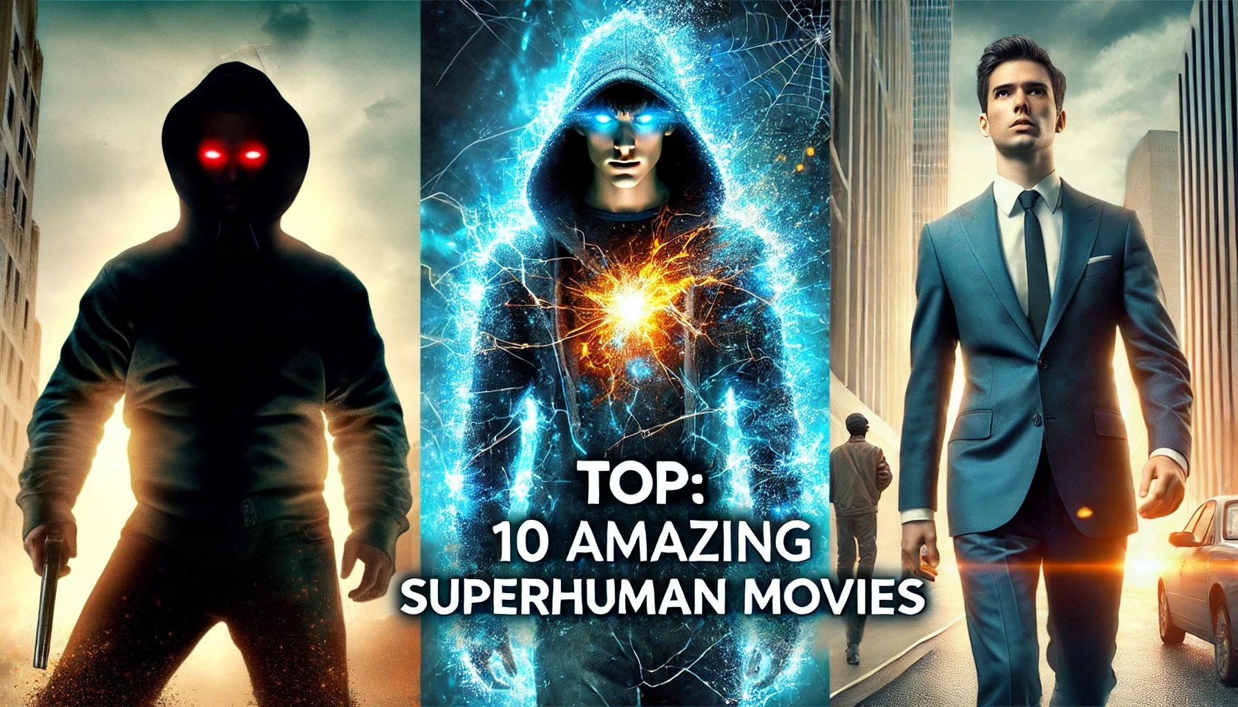 DALL·E 2025 03 20 13 47 38 A cinematic collage featuring three superhuman movie characters The leftmost character is now a shadowy figure with glowing red eyes, standing in a s