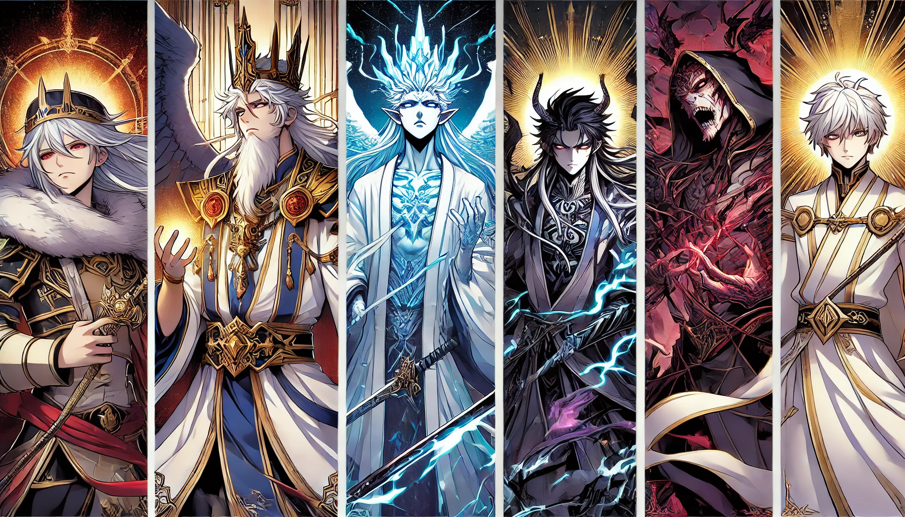 DALL·E 2025 03 22 00 41 40 An anime style illustration featuring four of the most iconic manhwa villains in a side by side composition Each villain is displayed in their own ve